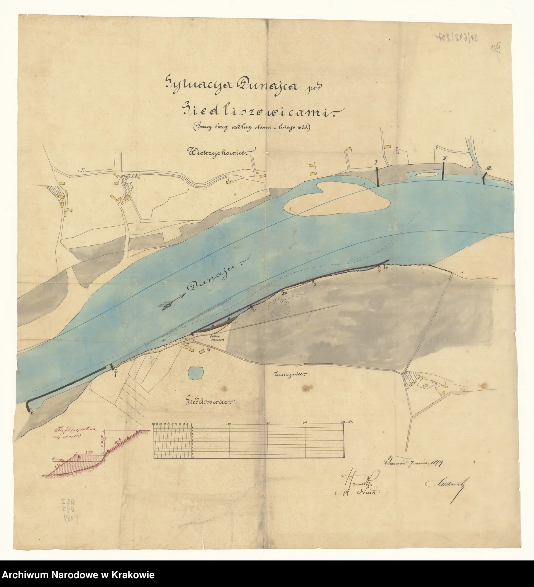 Sytuacja Dunajca pod Siedliszowicami — prawy brzeg, luty 1829