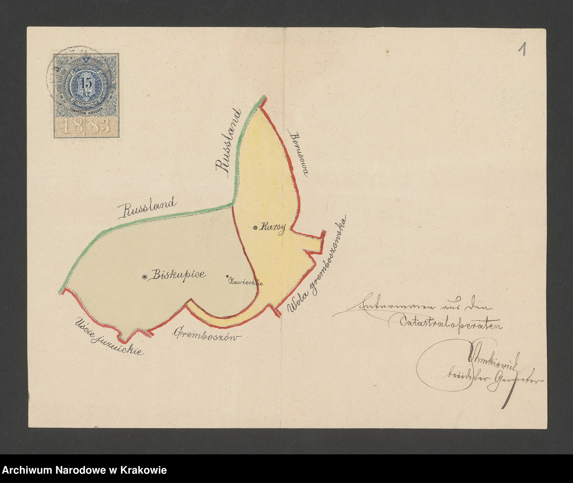 Plan katastralny na pograniczu wsi Karsy i Biskupice (1885) — arkusz 1