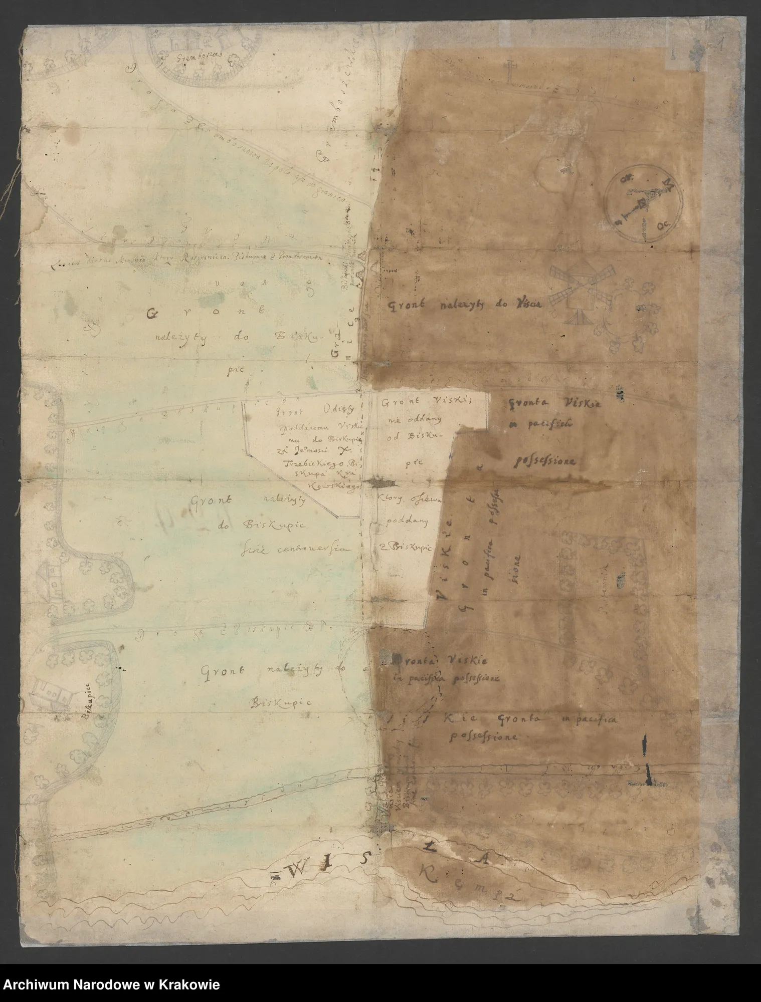 Odręczna mapka granicy między wsiami Ujście Jezuickie i Biskupice (ok. 1680)