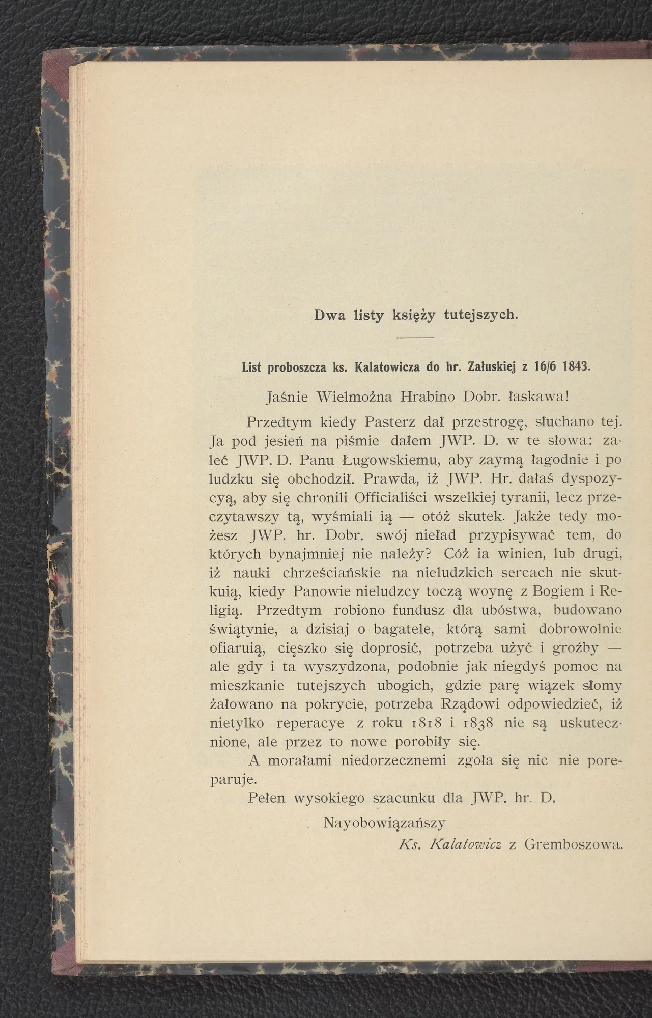 List proboszcza Kalatowicza do hr. Załuskiej (1843) o stosunkach na dworze