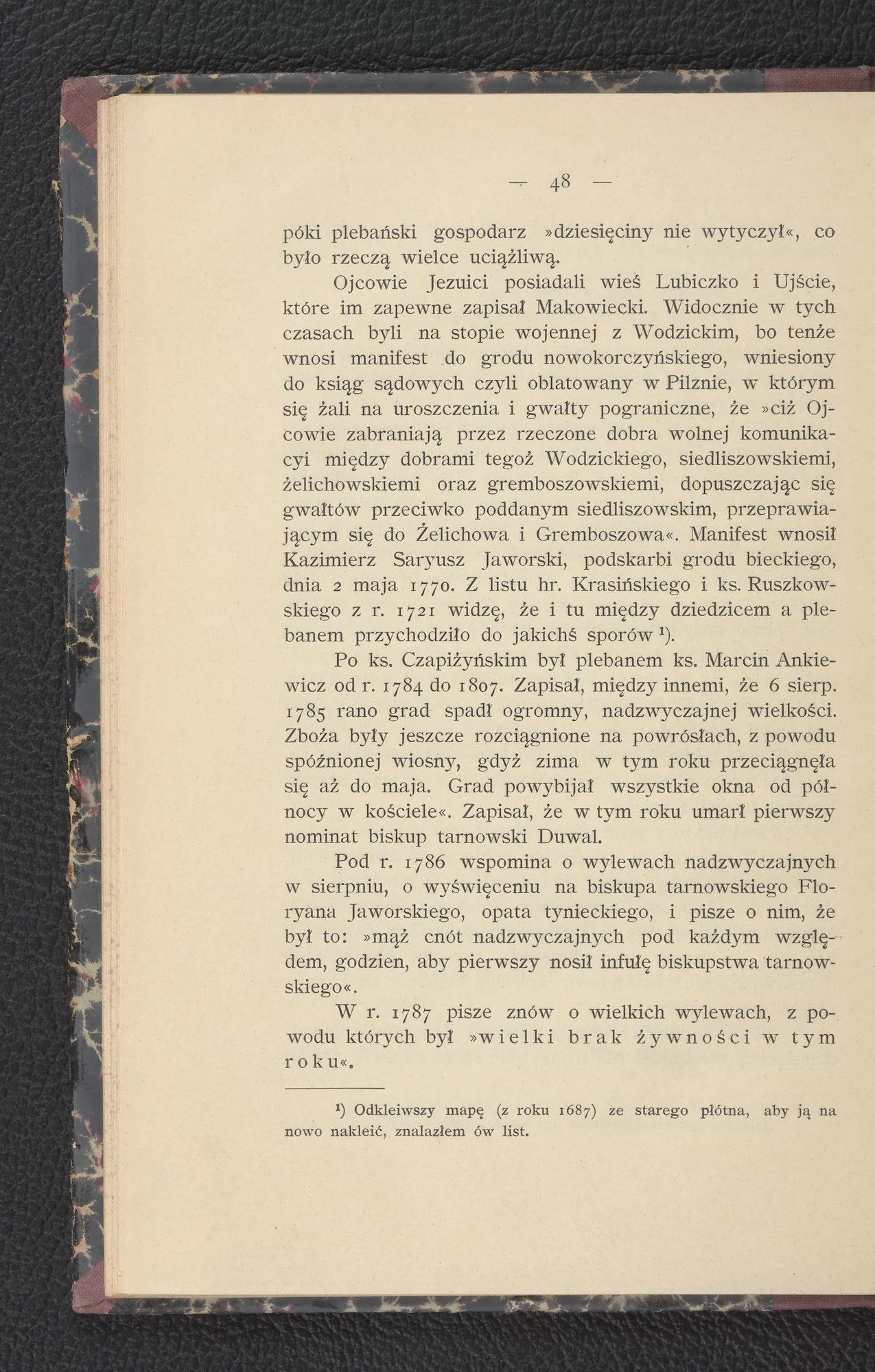 Zapiski z metryk — grad 1785, wylewy, mapa Germana z 1687 (s. 48)