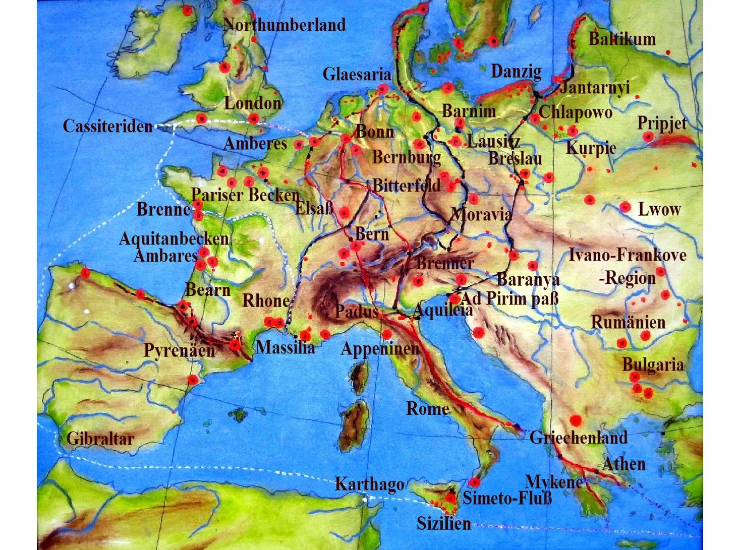 Mapa źródeł bursztynu w Europie — szlak „Złota Północy”
