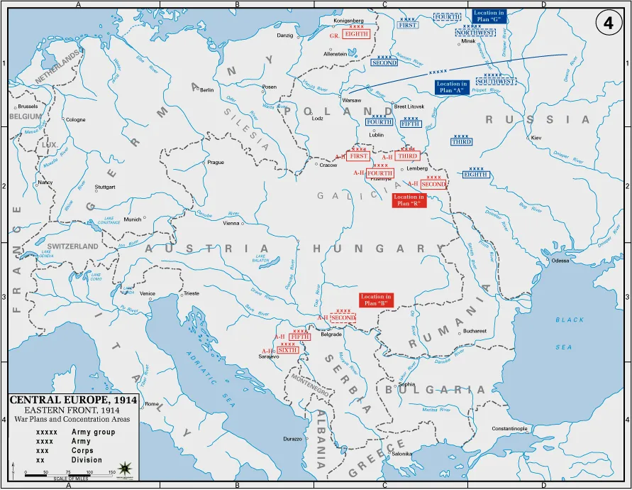Front wschodni I wojny światowej (1914) — mapa operacji w Galicji