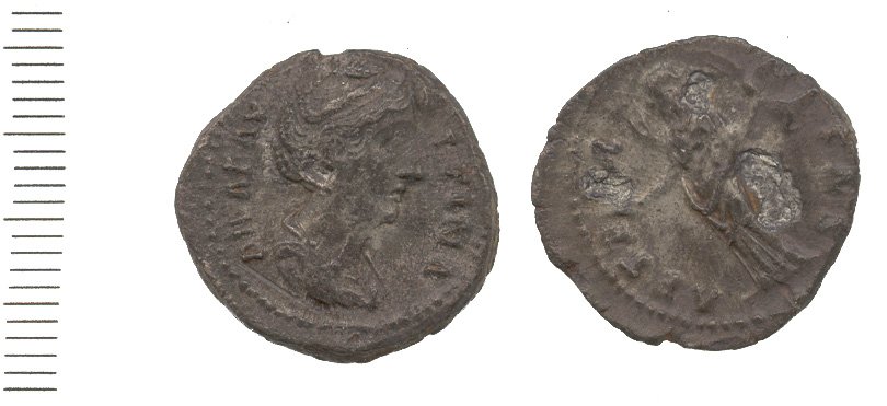 Denar rzymski — przykład typu Faustyny I (po 141 r. n.e.)