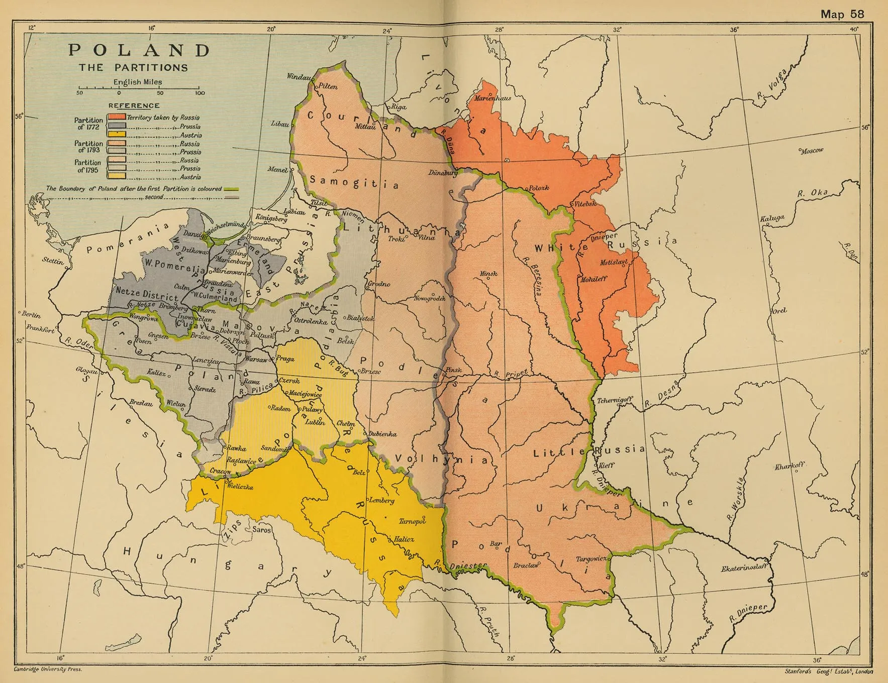 Mapa pierwszego rozbioru Polski (1772) — włączenie ziem do państwa austriackiego