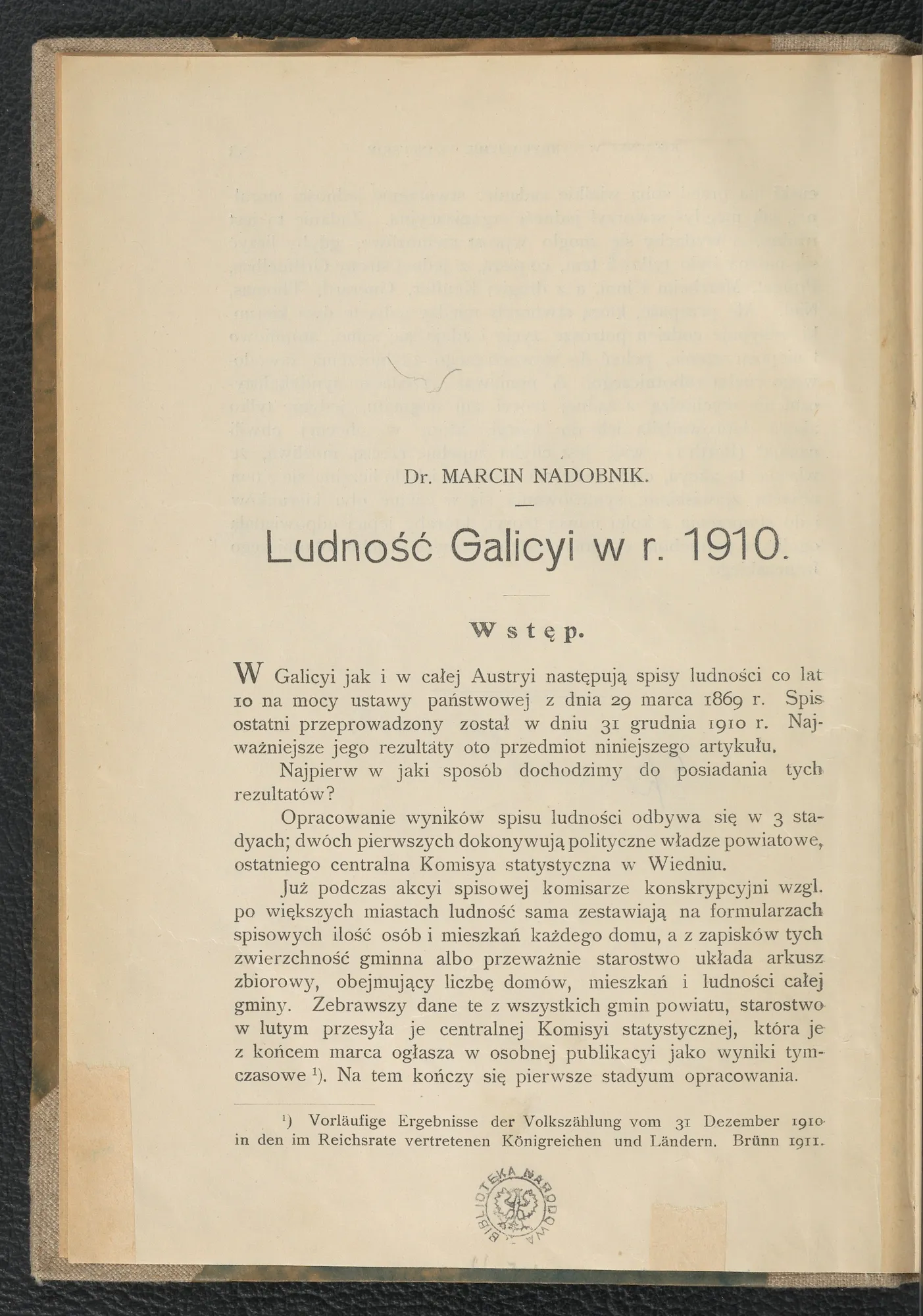 Ludność Galicyi w r. 1910 (wyd. 1912) — opracowanie statystyczne