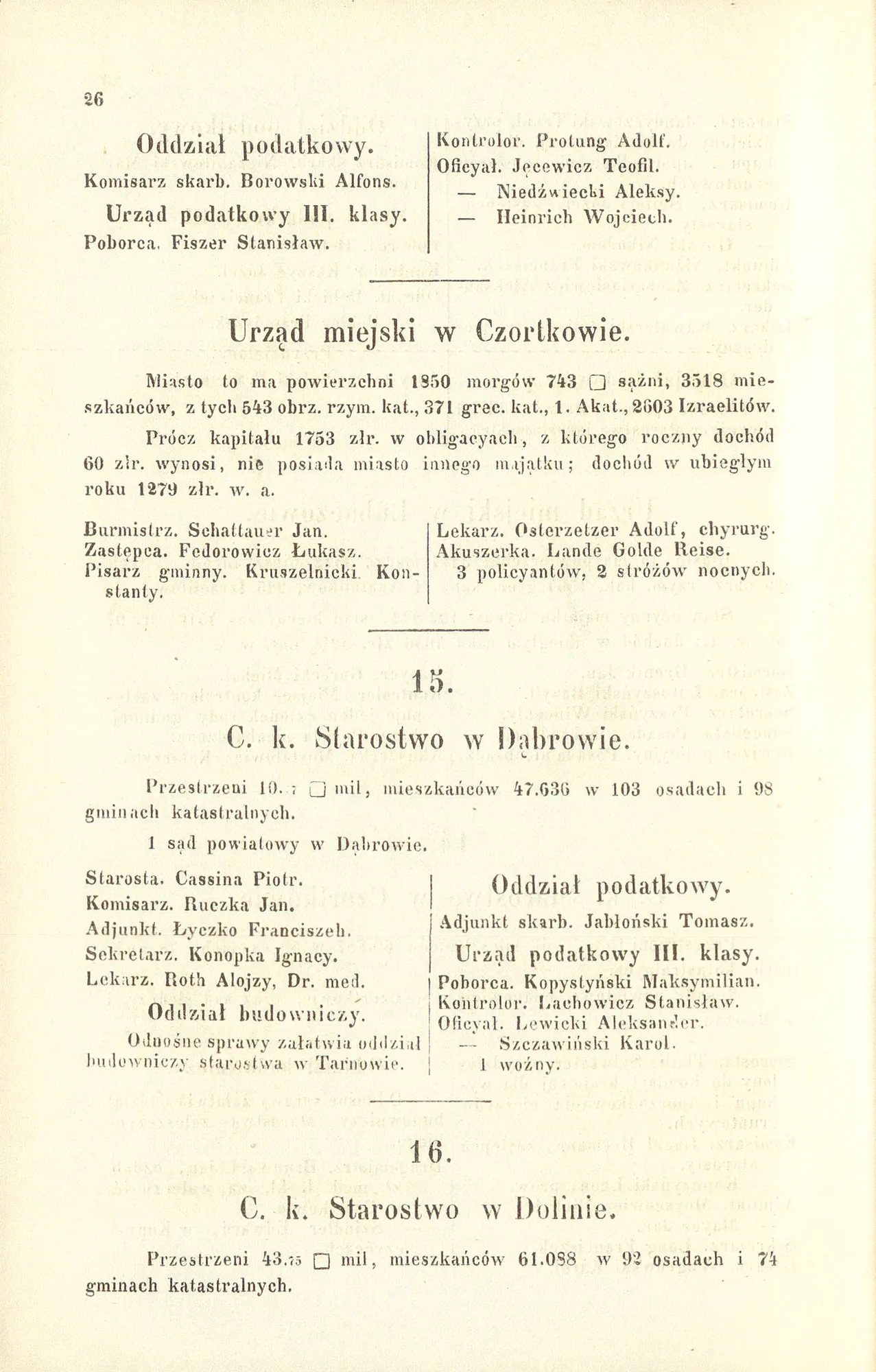 Szematyzm Galicji (1870), s. 26 — starostwo w Dąbrowie; Cassina, Ruczka, statystyki powiatu