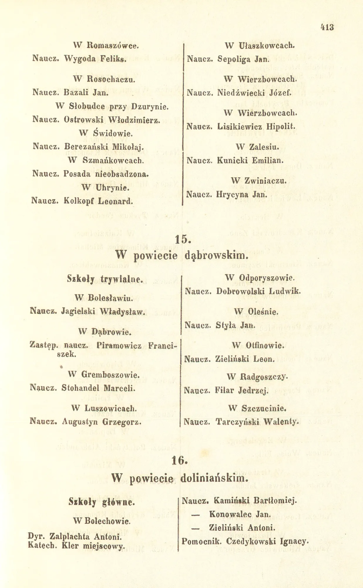 Szematyzm Galicji (1870), s. 413 — szkoły trywialne pow. dąbrowski; nauczyciel w Gręboszowie