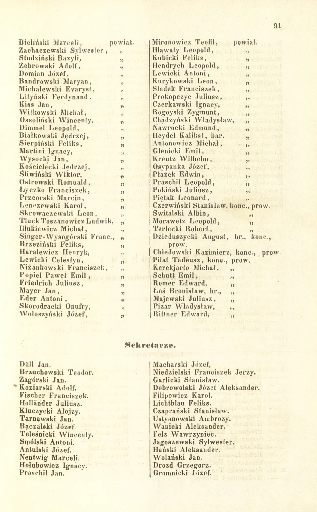 Szematyzm Galicji (1870), s. 91 — sekretarze powiatowi (ciąg wykazu)