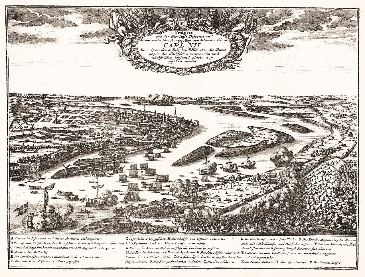 Król Karol XII Szwedzki przeprawia się przez Dźwinę (1719) — epoka wojny północnej