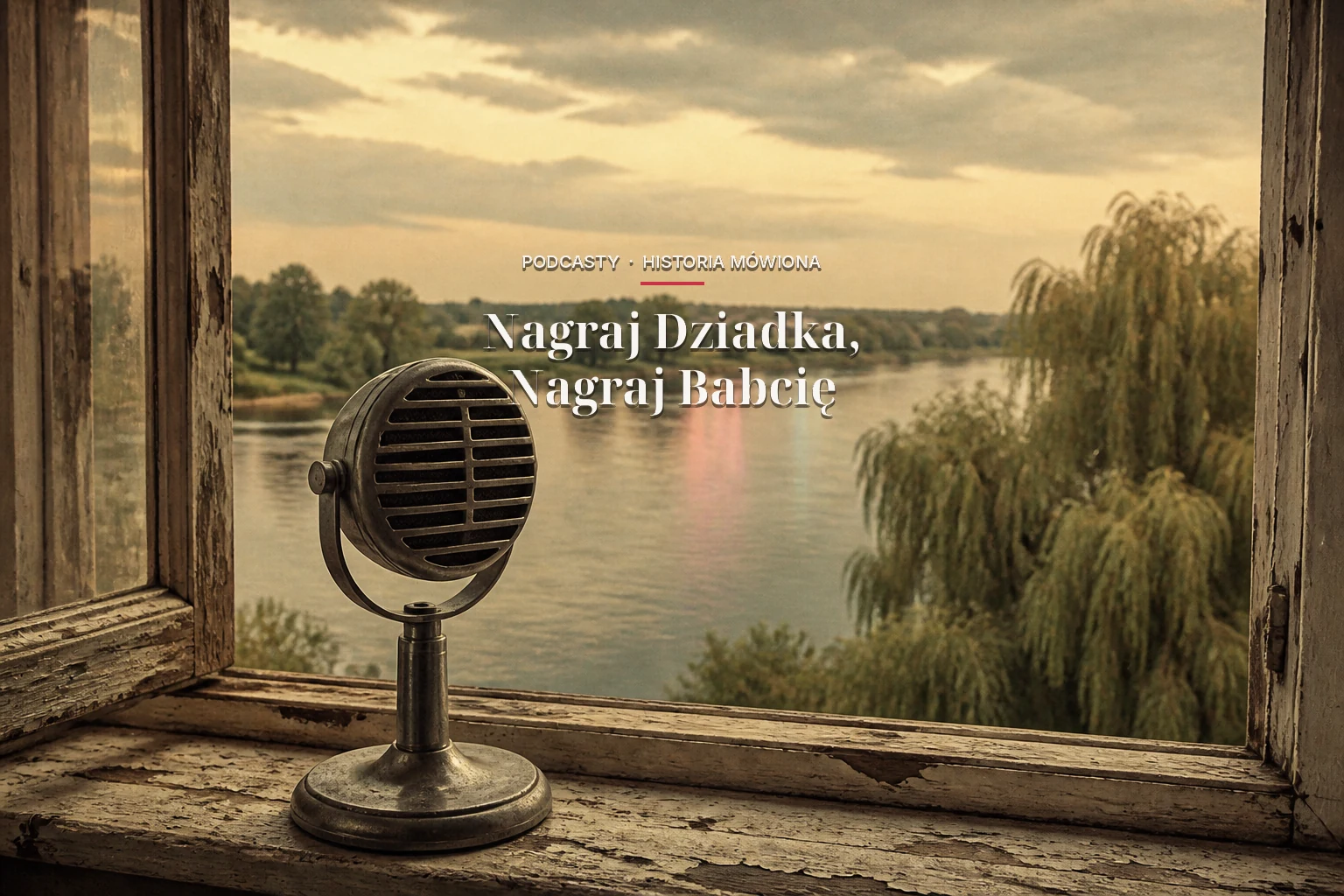 Okładka serii podcastów Nagraj Dziadka, Nagraj Babcię — vintage mikrofon na parapecie okna z widokiem na Wisłę