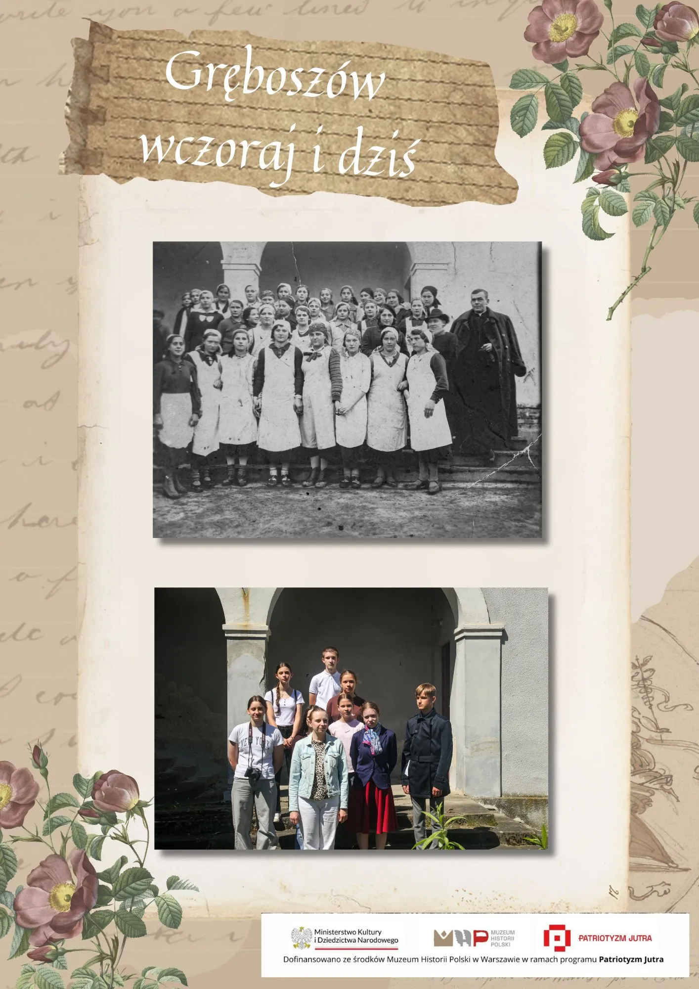 Schody i arkady — duża grupa kobiet w fartuchach (archiwum) i młodzież w tym samym miejscu (dziś)