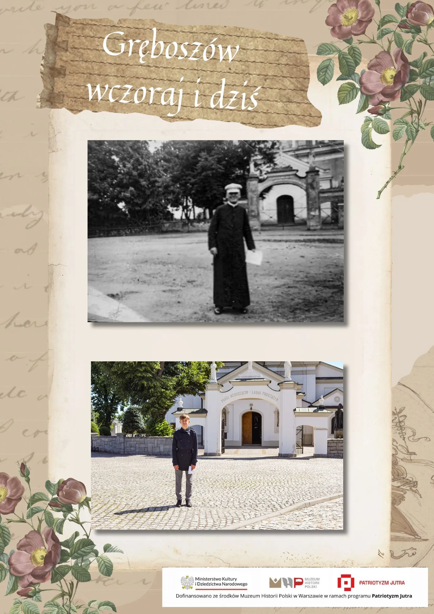 Dziedziniec przy bramie kościoła — ksiądz w sutannie (archiwum) i młody mężczyzna w tym samym miejscu (dziś)