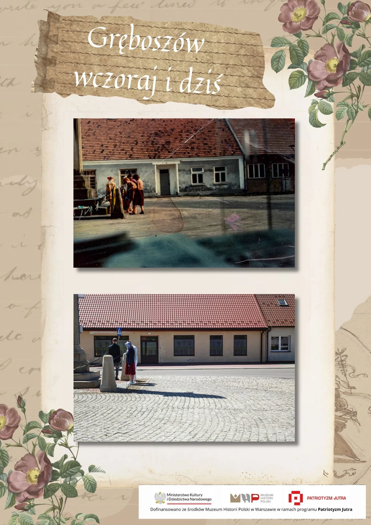 Plac przed budynkiem z czerwonym dachem — nieutwardzony teren z ludźmi (dawniej) i wybrukowany plac po renowacji (dziś)