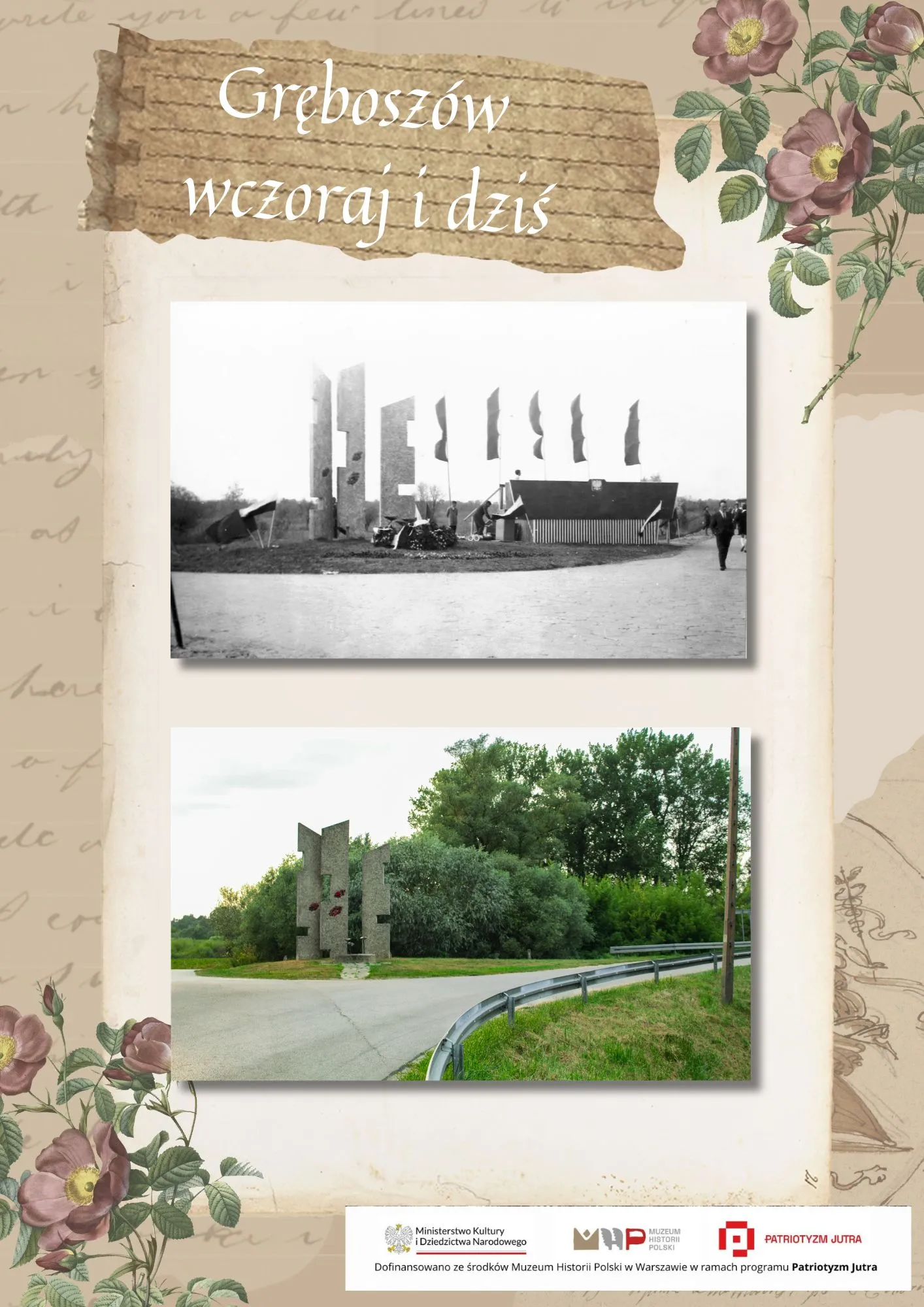 Pomnik z trzech pionowych płyt betonowych — uroczystość z flagami (archiwum) i to samo miejsce wśród drzew przy drodze (dziś)