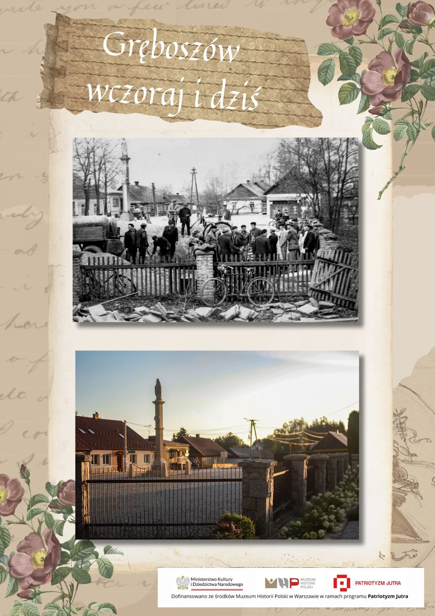 Plac przy kolumnie z figurą — ludzie i rowery przy drewnianym płocie (archiwum) i współczesna zabudowa przy tym samym pomniku