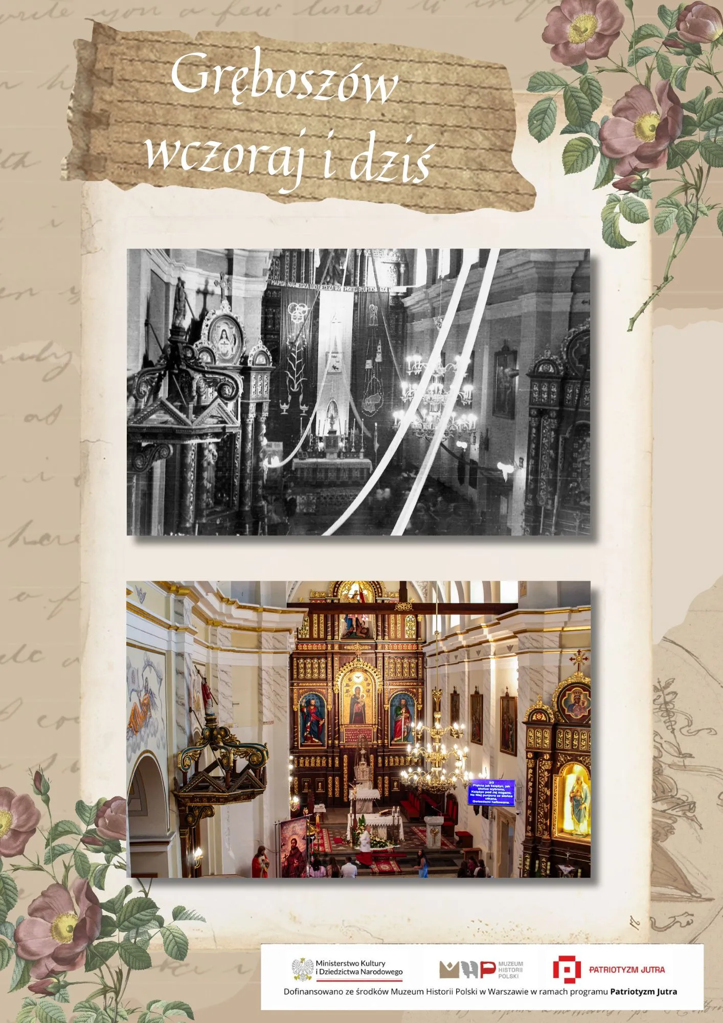 Wnętrze kościoła — widok na ołtarz i ambonę na zdjęciu archiwalnym i współczesnym