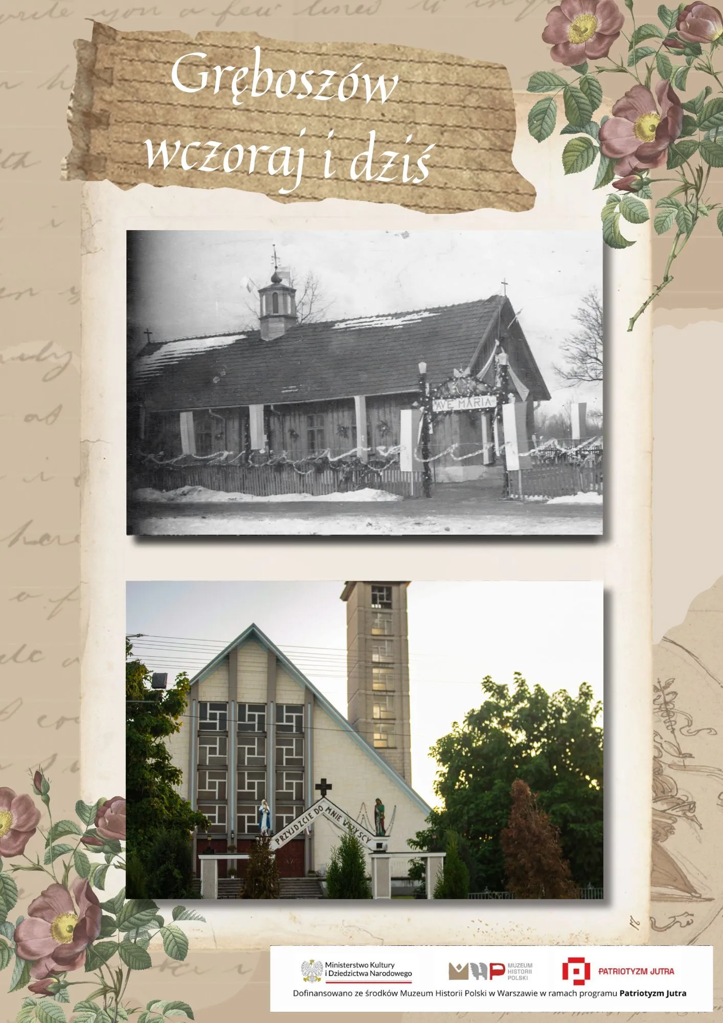 Drewniana kaplica z napisem „Ave Maria” zimą (archiwum) i współczesny kościół z dzwonnicą i napisem „Przyjdźcie do mnie wszyscy”