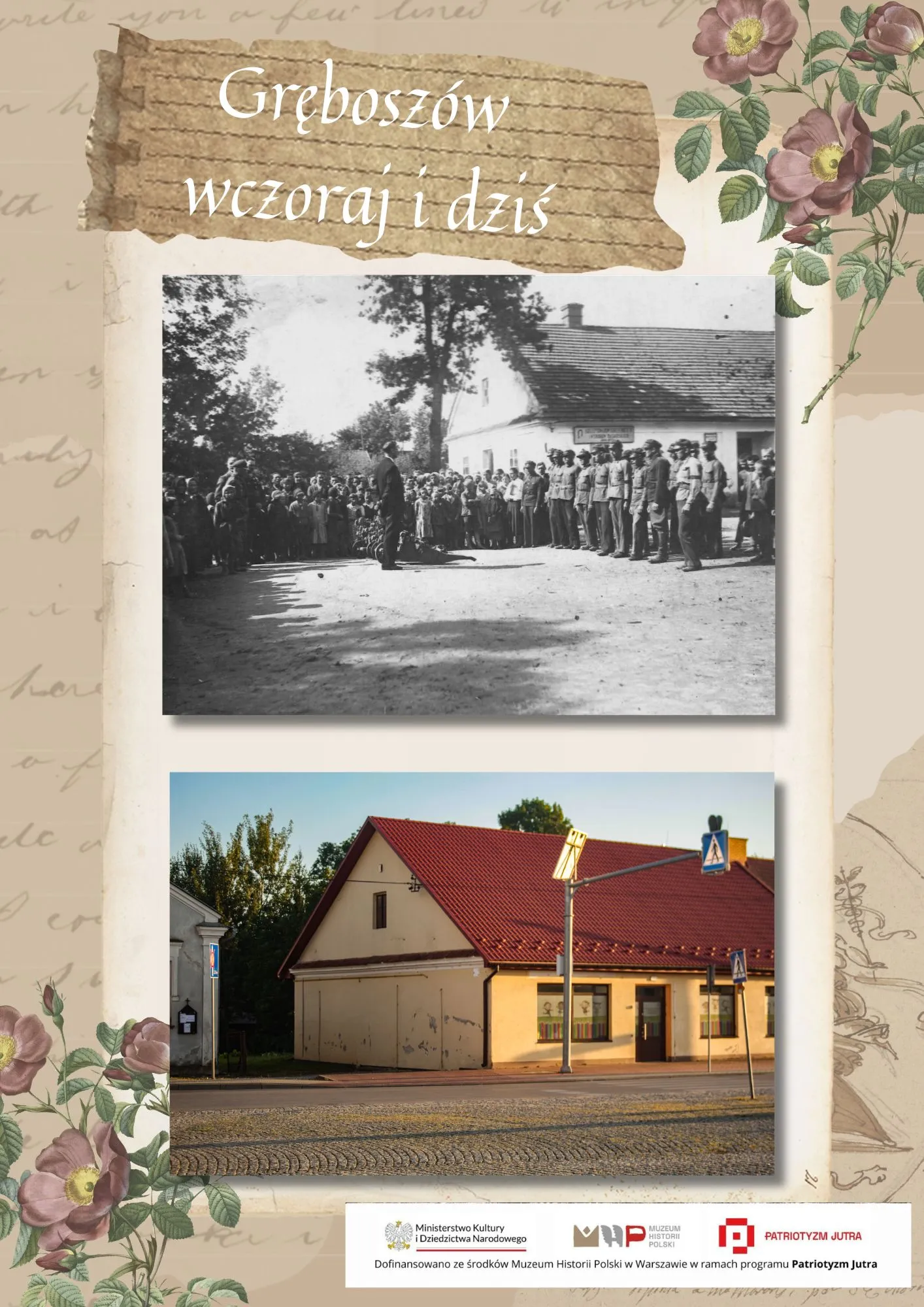 Zgromadzenie mieszkańców i oddział mundurowy przed budynkiem (archiwum) oraz ten sam budynek z żółtą elewacją i czerwonym dachem (dziś)