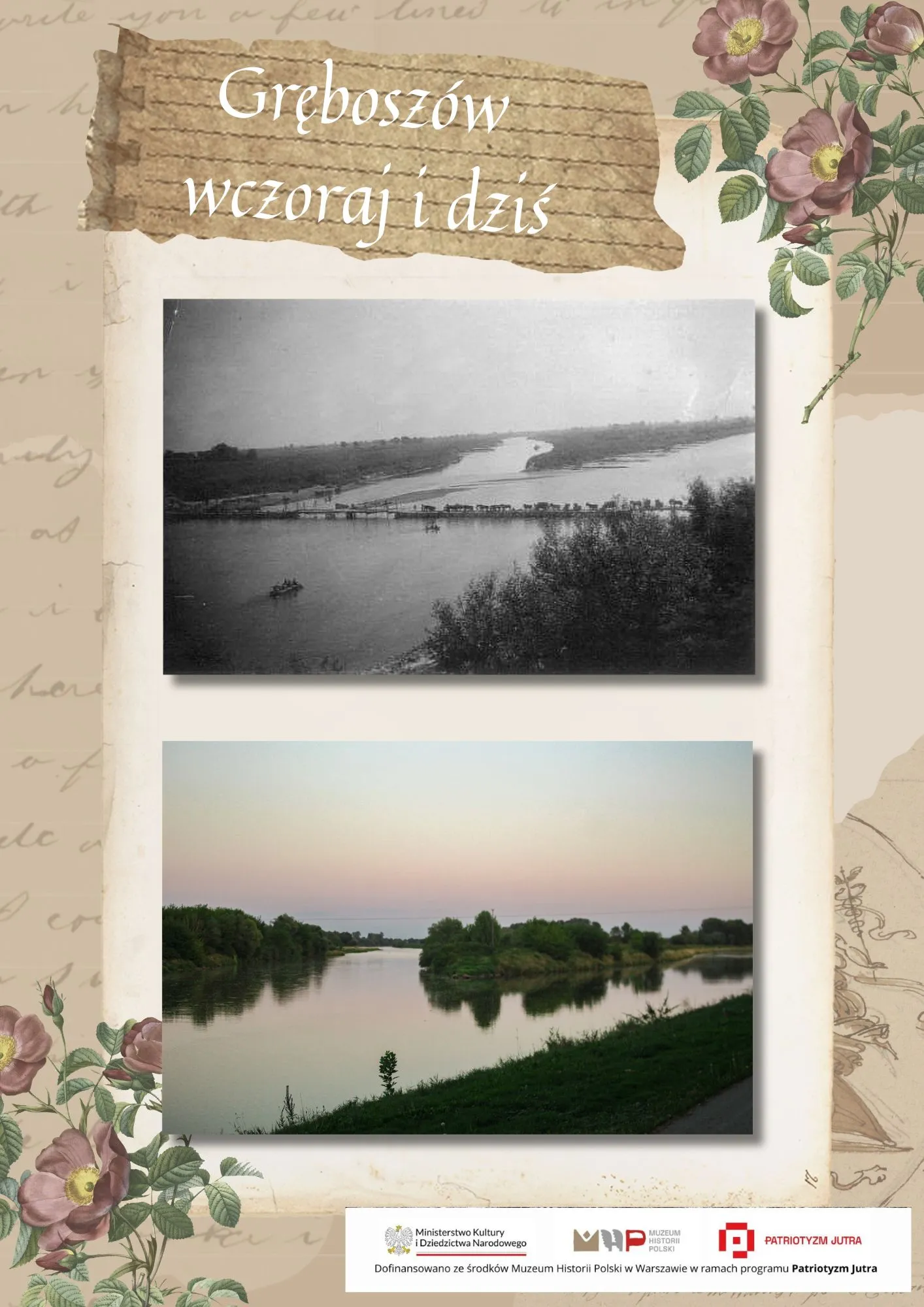 Drewniana przeprawa z wozami na rzece (archiwum) i współczesny widok rzeki bez mostu, o zmierzchu